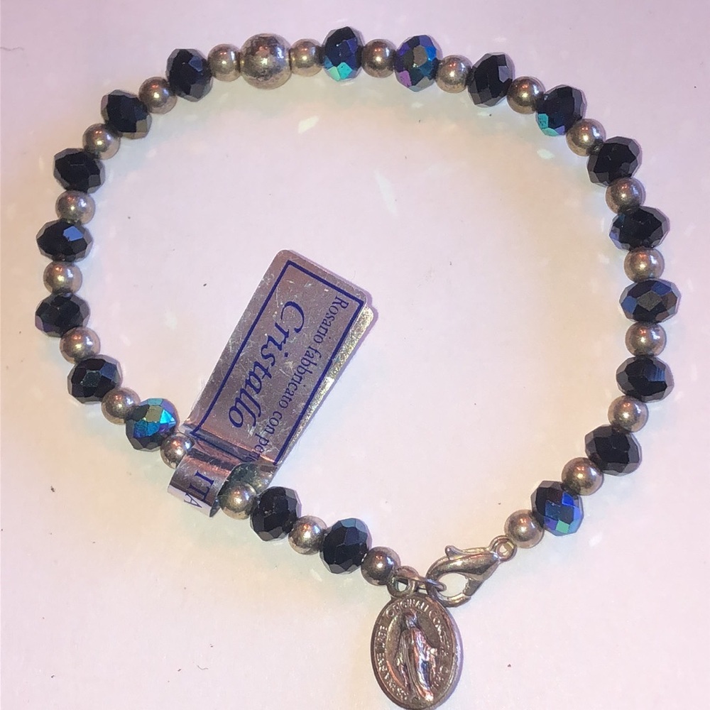 Cristallo Black and Silver Religious Charm Beaded Bracelet